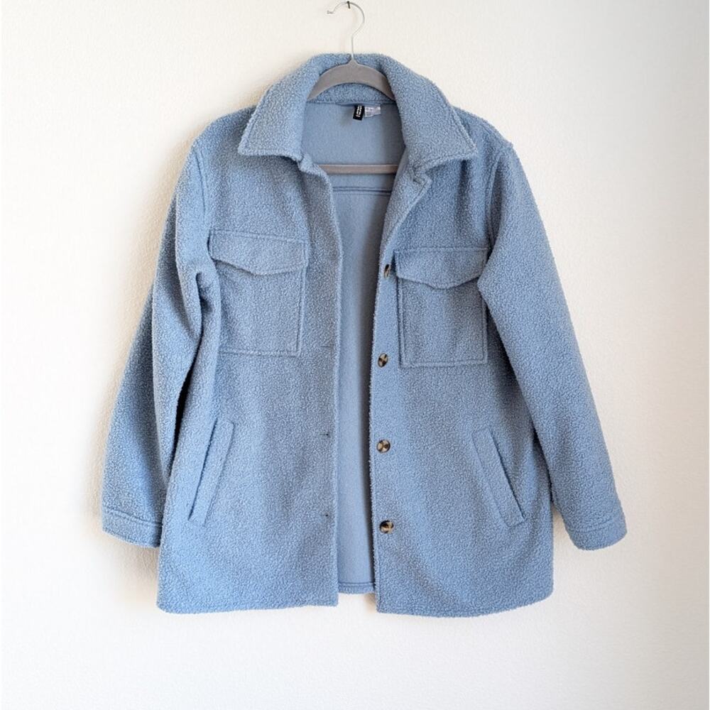 H&M HM Light Blue Teddy Shacket Button Shirt Jacket, size S